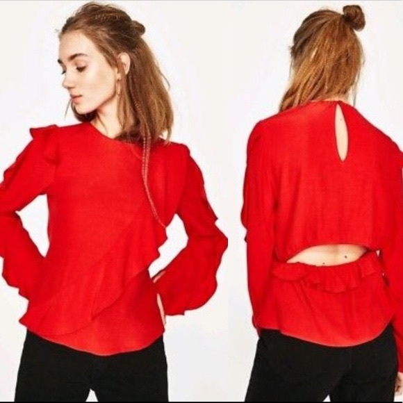 New Zara Red Ruffle Long Sleeves Top - Picture 2 of 6